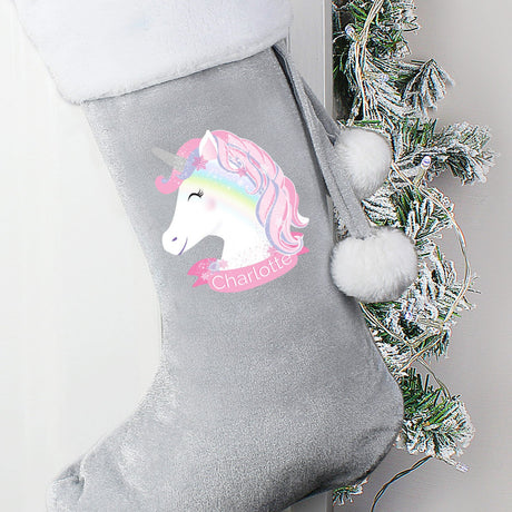 Christmas Unicorn Luxury Silver Grey Stocking - Gift Moments