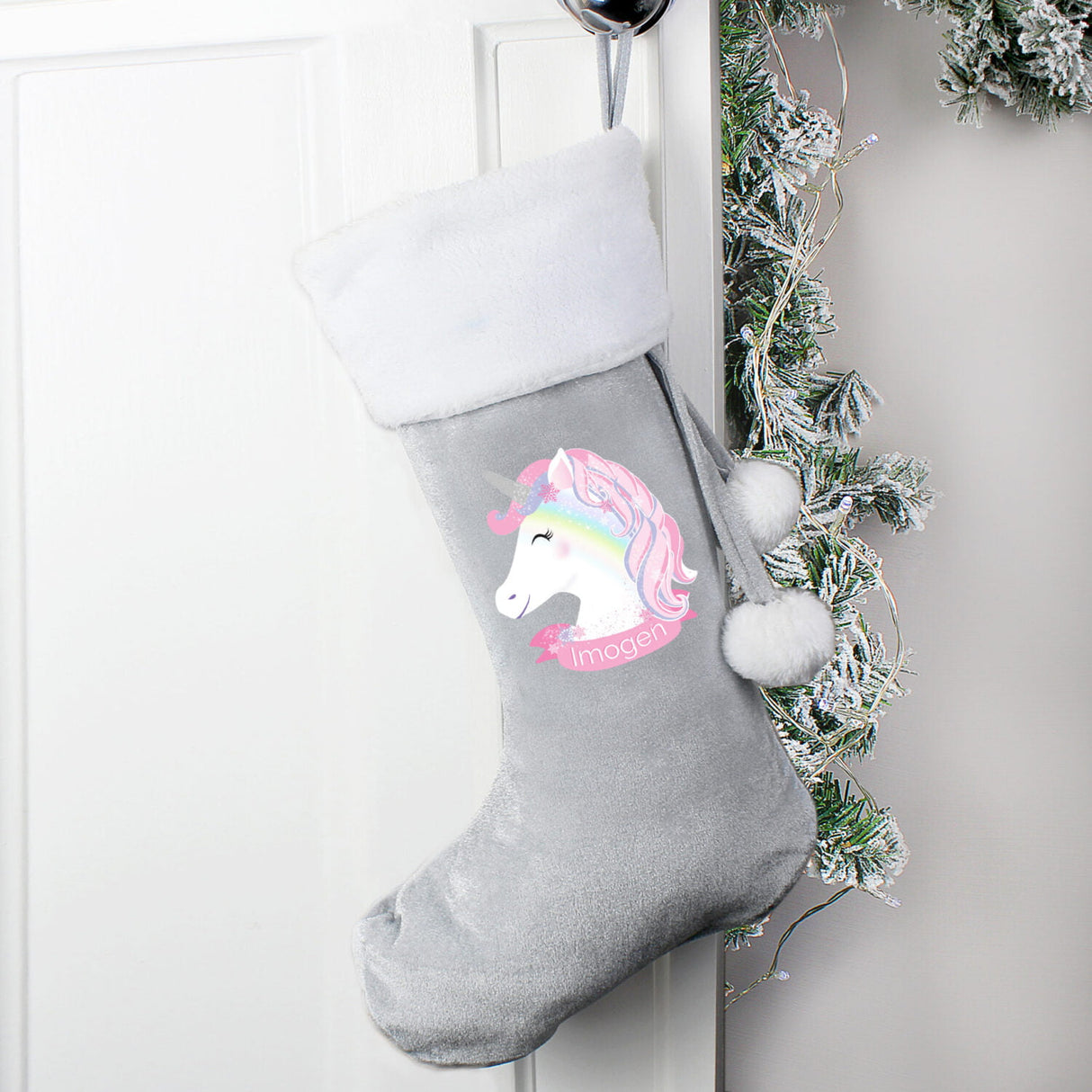 Personalised Christmas Unicorn Luxury Silver Grey Stocking: 2 - Christmas Stockings By Gift Moments