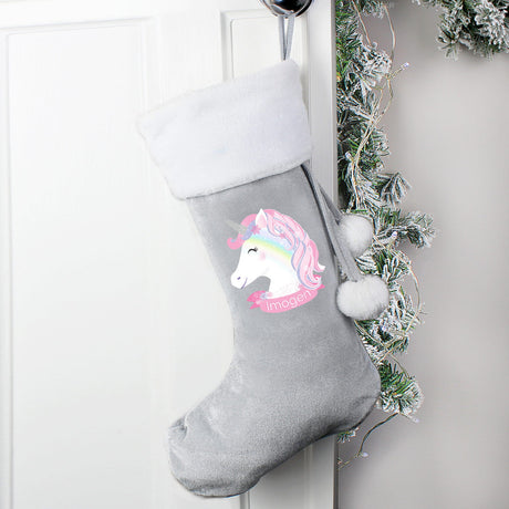 Personalised Christmas Unicorn Luxury Silver Grey Stocking: 2 - Christmas Stockings By Gift Moments