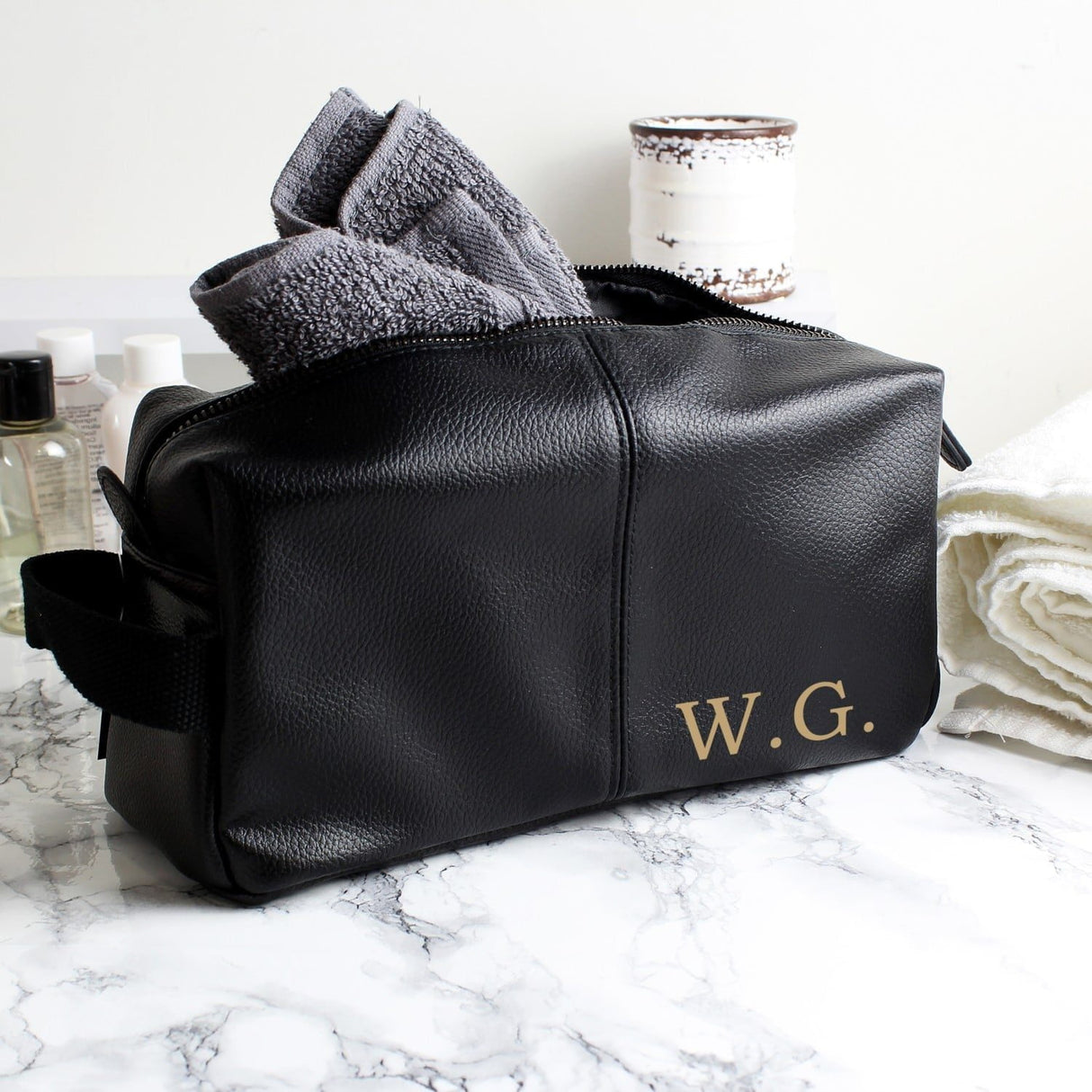 Luxury Initials Black Leatherette Wash Bag - Gift Moments