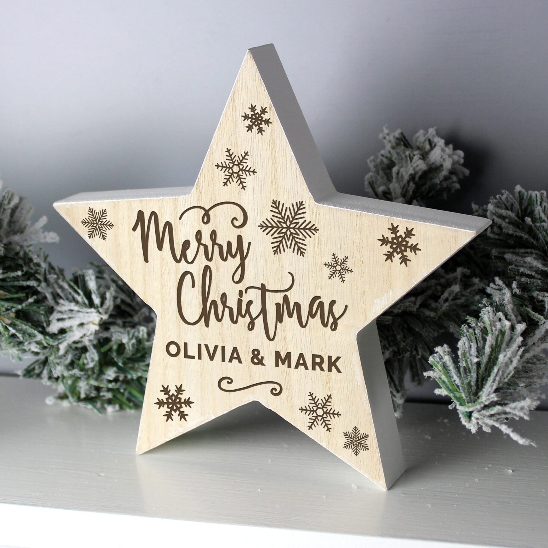 Personalised Merry Christmas Rustic Wooden Star Decoration: 1 - Christmas Decorations By Gift Moments