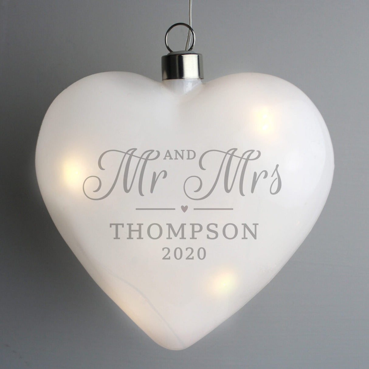 Personalised Mr & Mrs LED Hanging Glass Heart: 1 - LED Lighting By Gift Moments