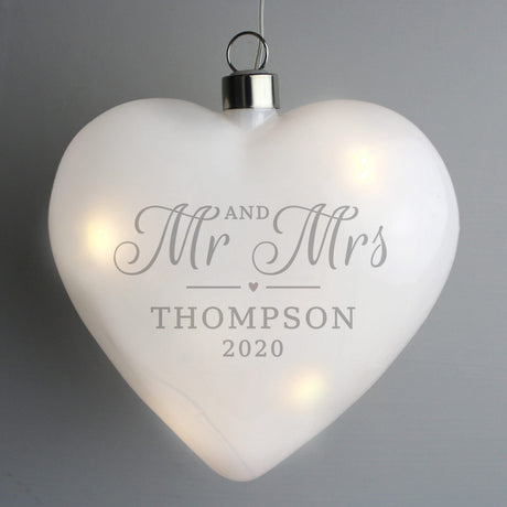 Personalised Mr & Mrs LED Hanging Glass Heart: 1 - LED Lighting By Gift Moments