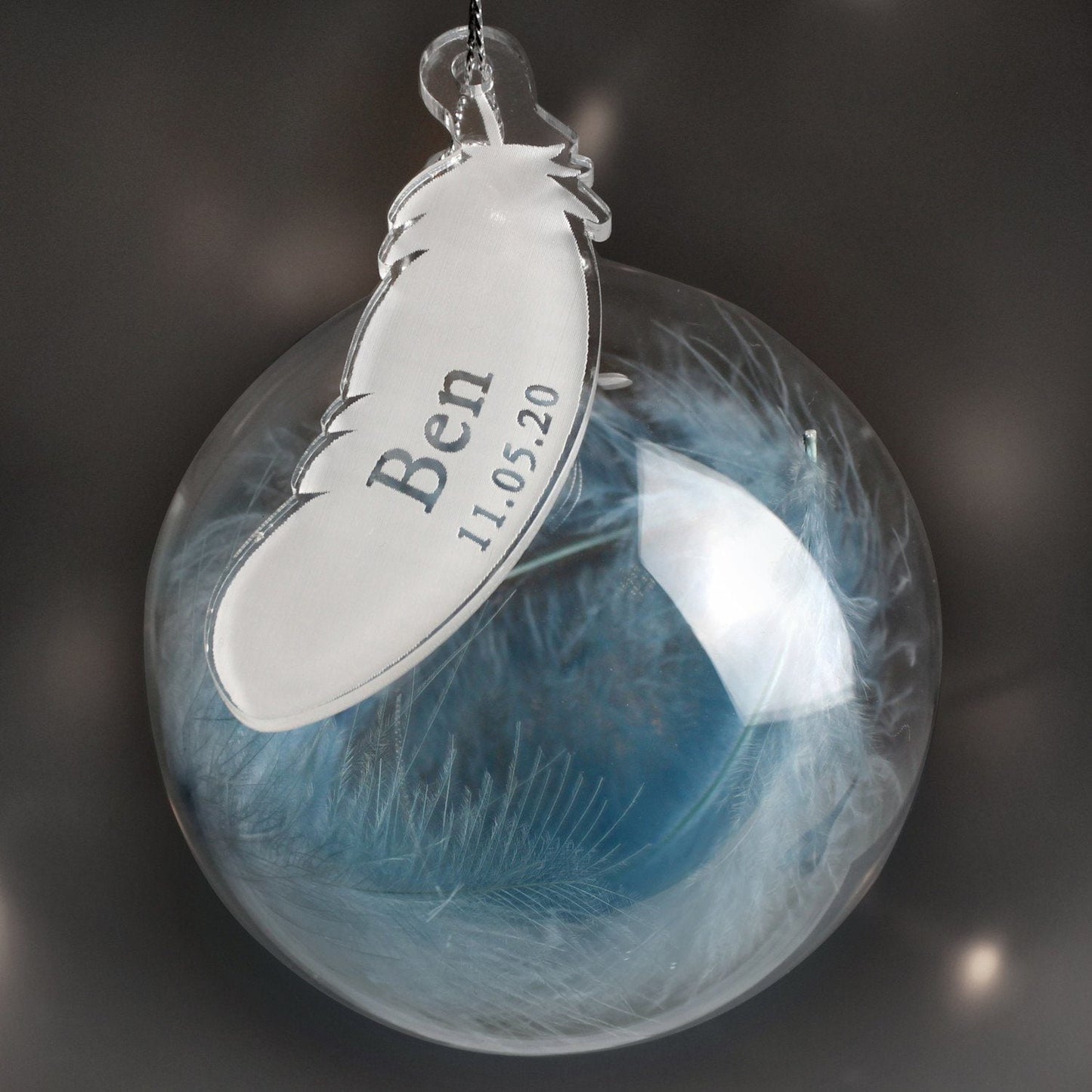Personalised Name & Date Blue Feather Glass Bauble: 1 - Christmas Baubles By Gift Moments