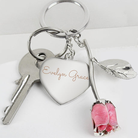 Silver Plated Name Pink Rose Keyring - Gift Moments