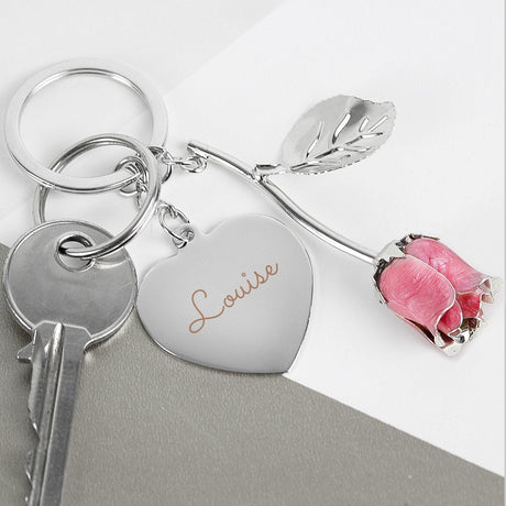 Silver Plated Name Pink Rose Keyring - Gift Moments