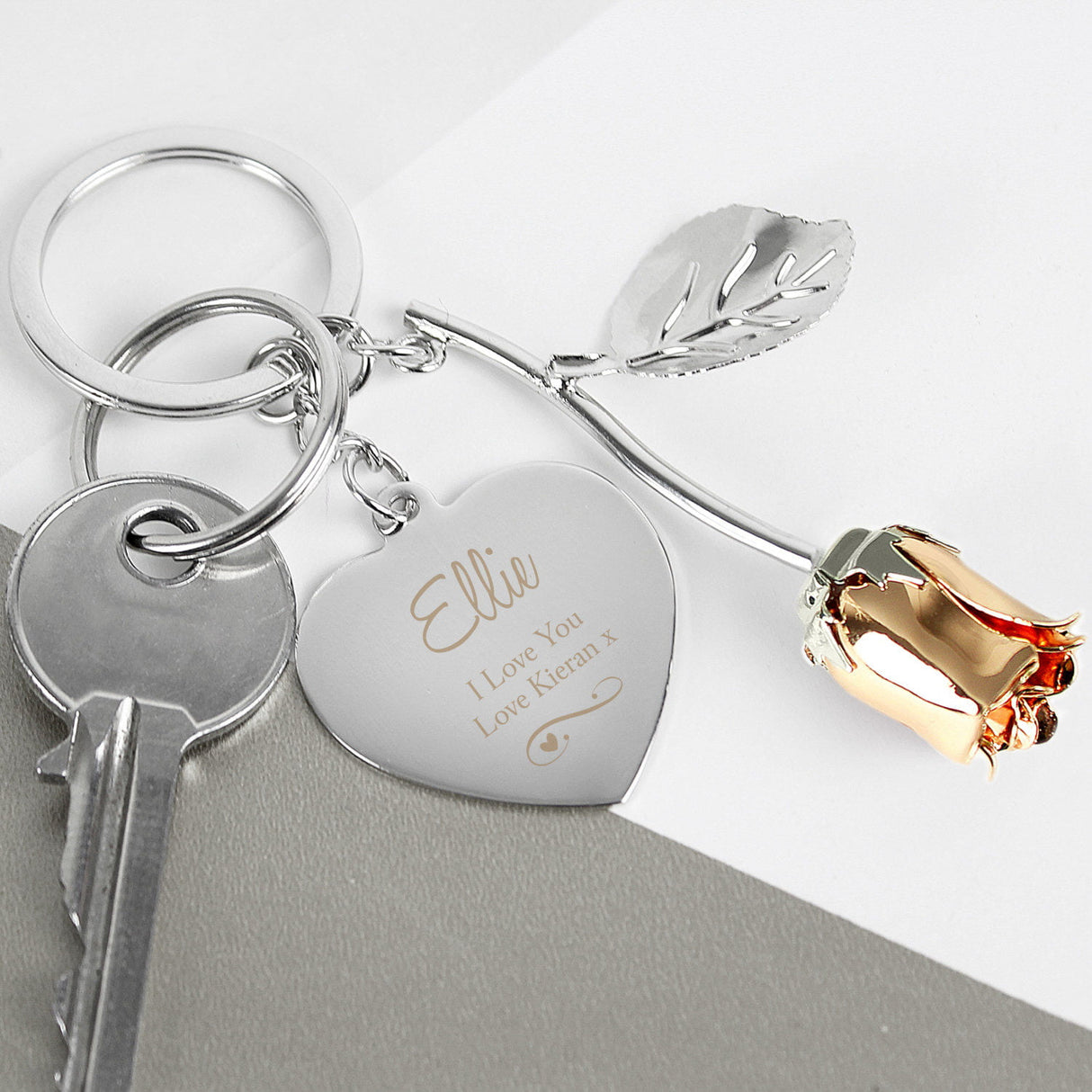 Silver Swirls & Hearts Rose Gold Rose Keyring - Gift Moments
