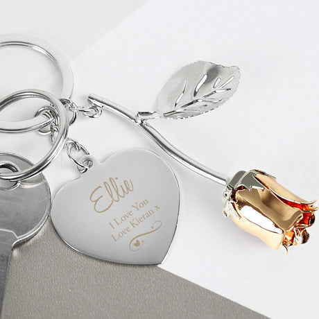 Silver Swirls & Hearts Rose Gold Rose Keyring - Gift Moments