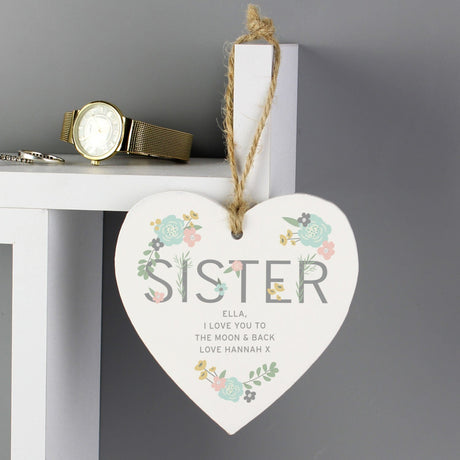 Sister Floral Wooden Heart Decoration - Gift Moments
