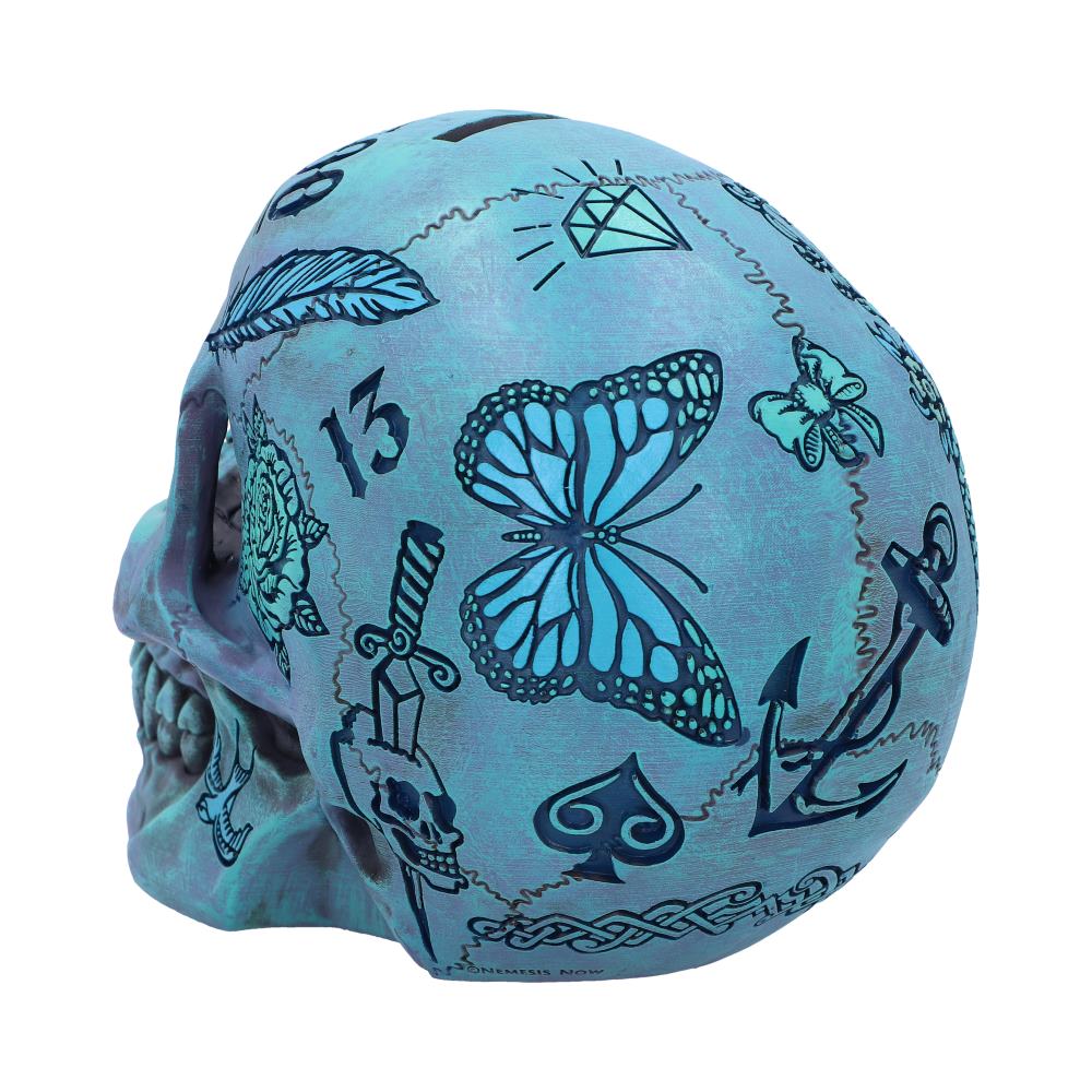 Aqua Blue Traditional Tribal Tattoo Fund Skull: 3 - Money Boxes By NN Designs