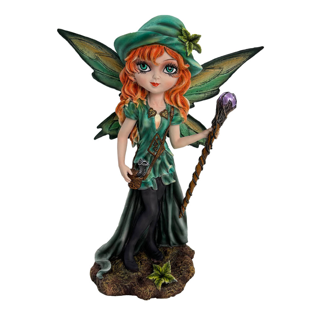 Forest Fae Fairy with Jewel Staff and Dragon Figurine: 2 - Figurines Medium (15-29cm) By NN Designs