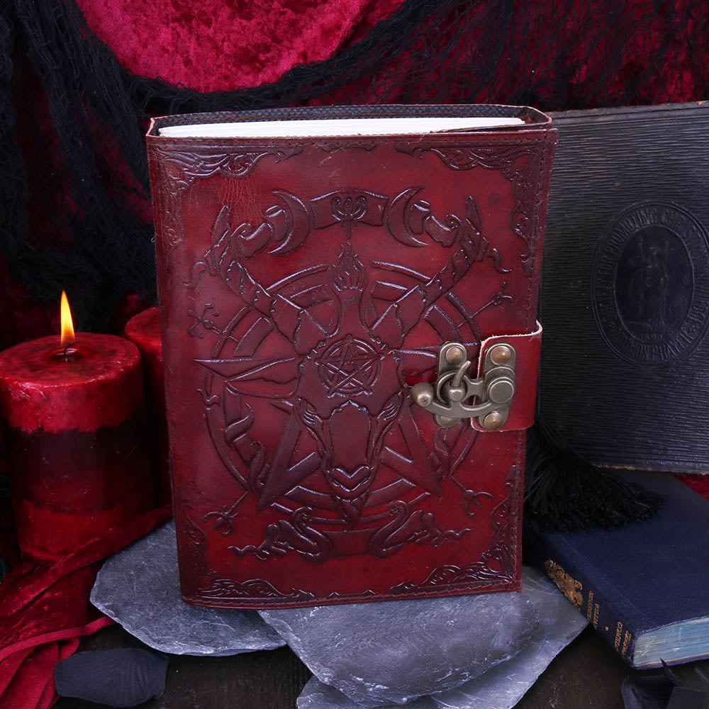 Lockable red leather baphomet embossed journal