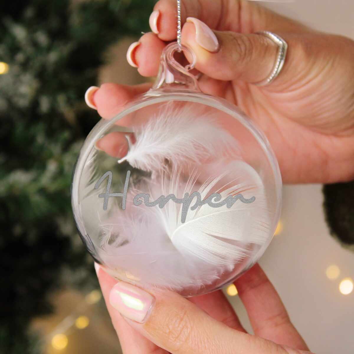 personalised silver glitter name only feather glass bauble
