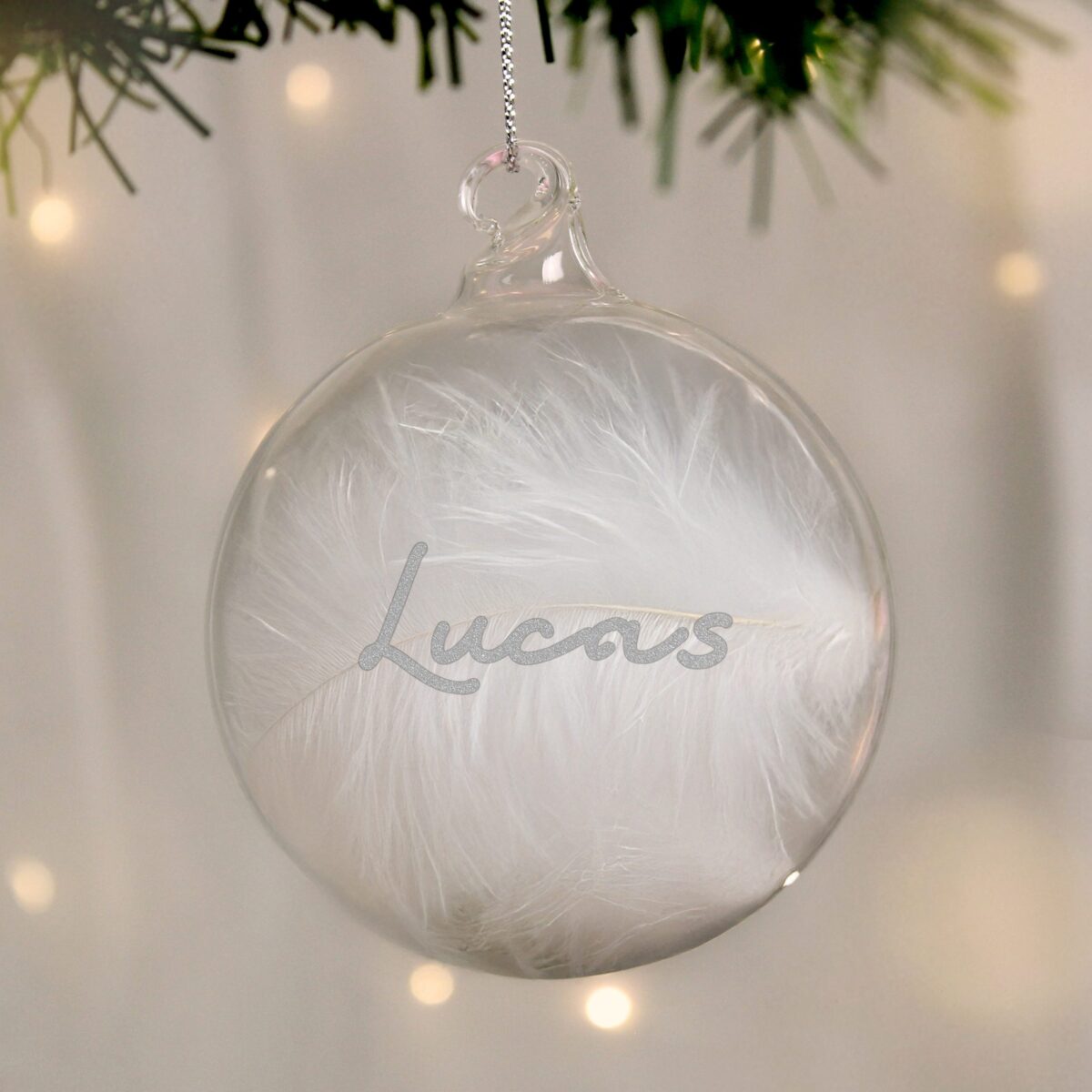 personalised silver glitter name only feather glass bauble