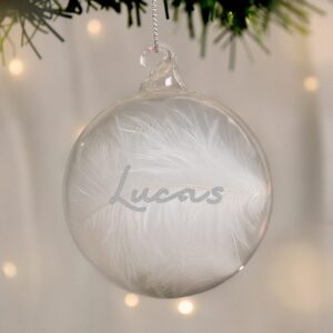 personalised silver glitter name only feather glass bauble