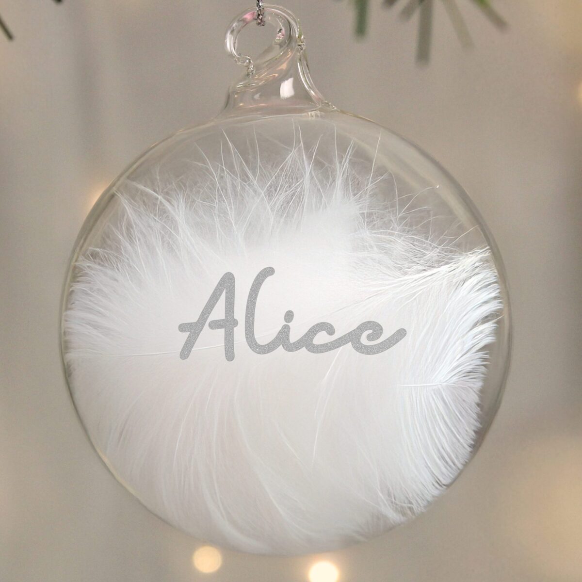 personalised silver glitter name only feather glass bauble