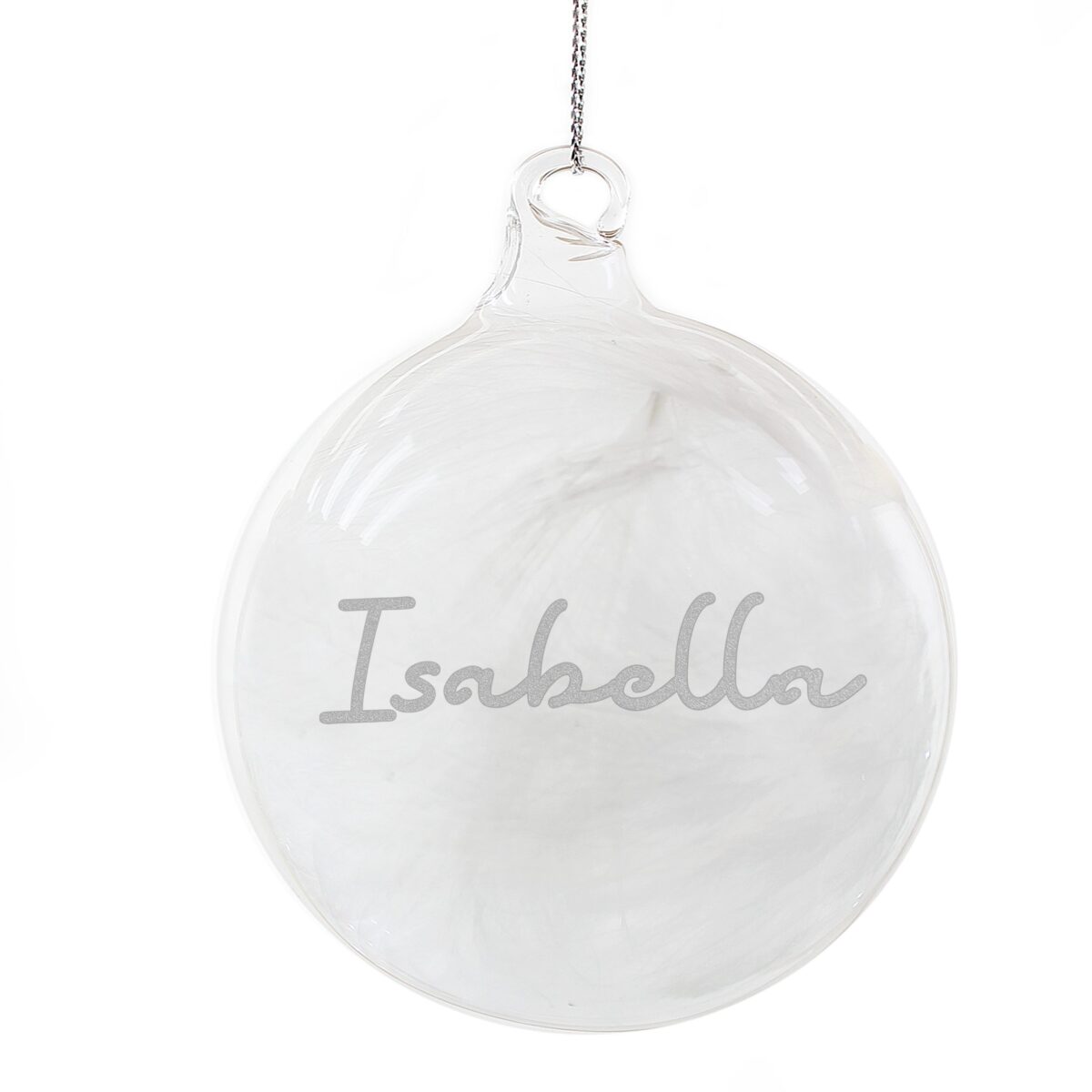 personalised silver glitter name only feather glass bauble