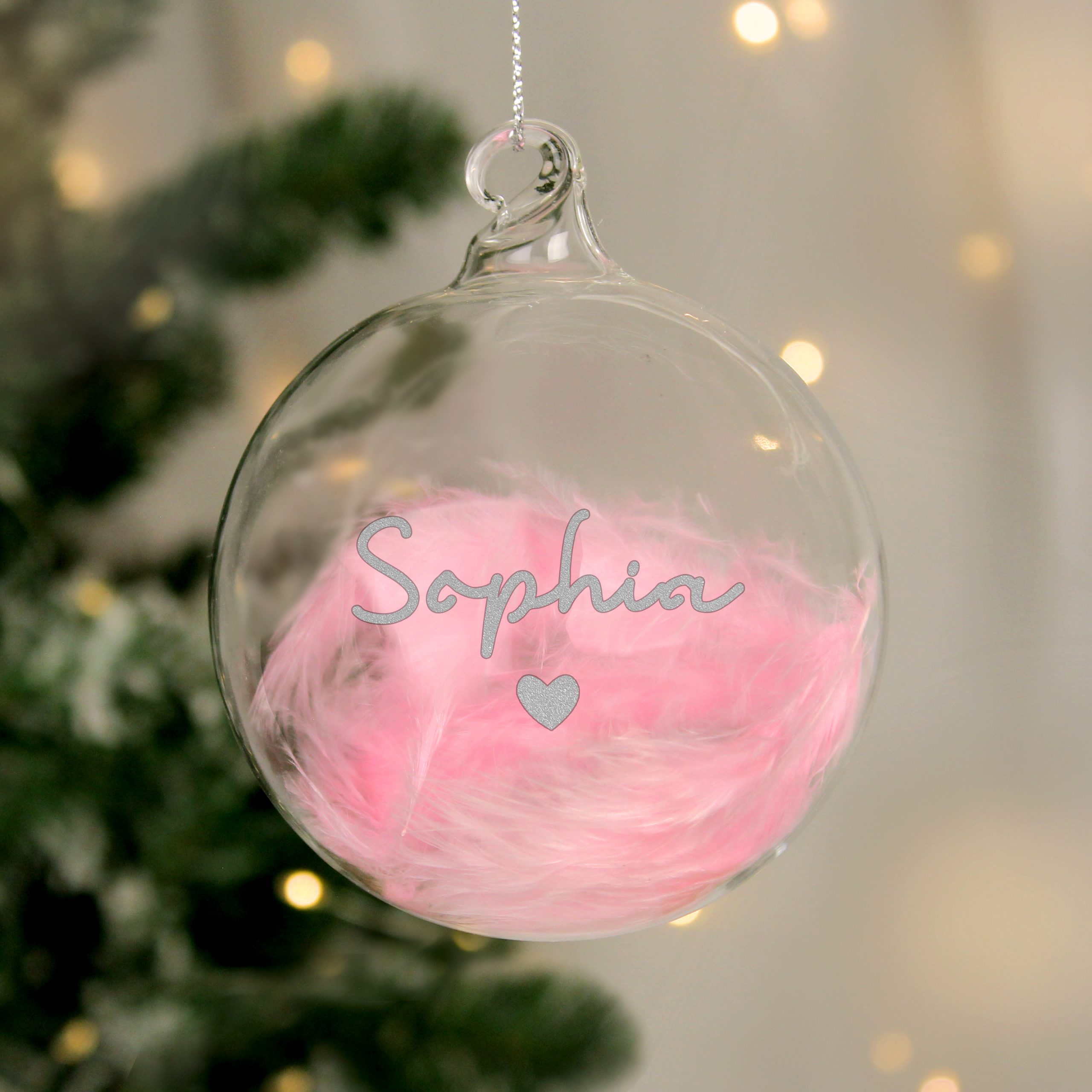 personalised pink feather silver name glass baubles