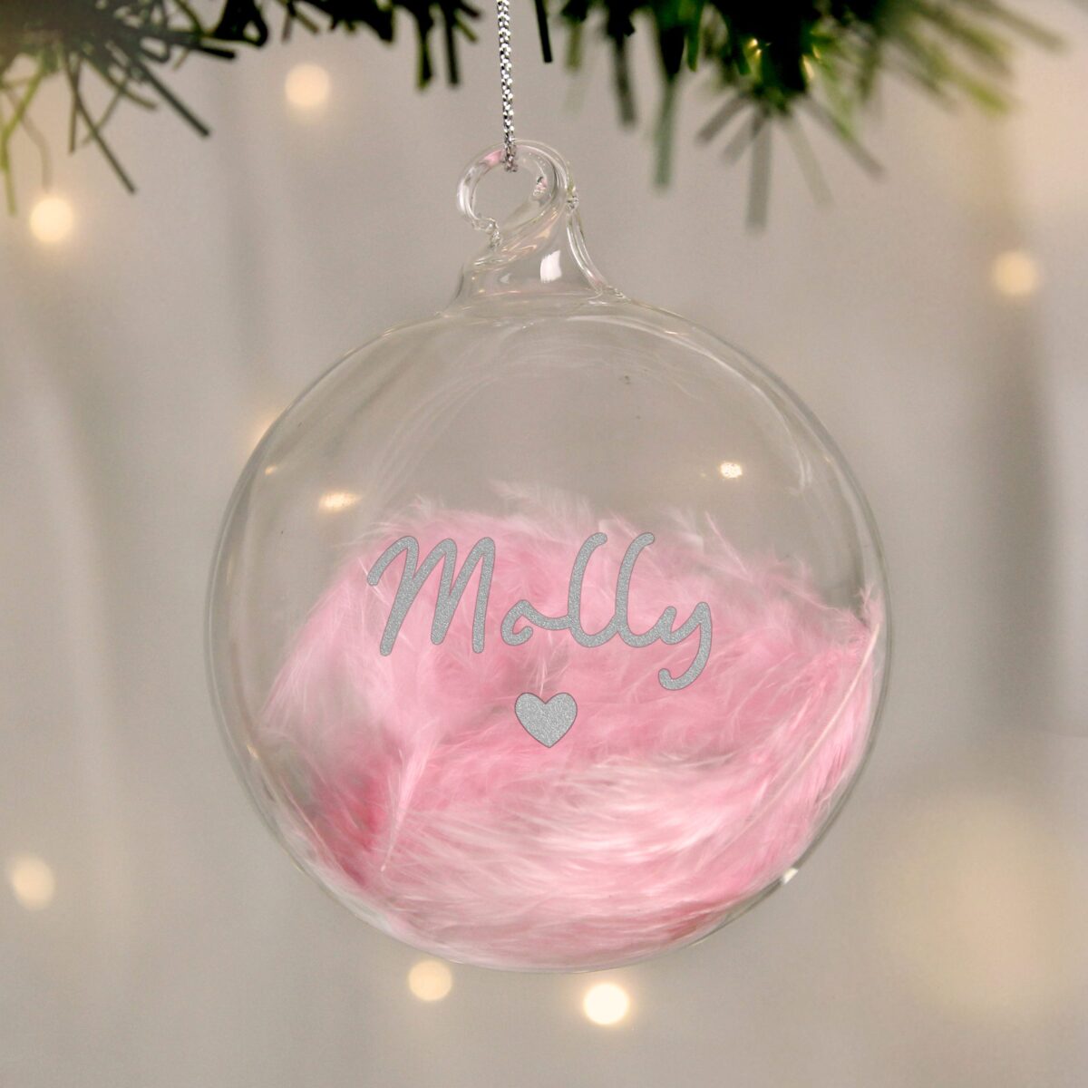 personalised pink feather silver name glass baubles