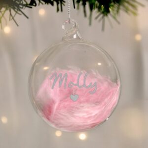 personalised pink feather silver name glass baubles
