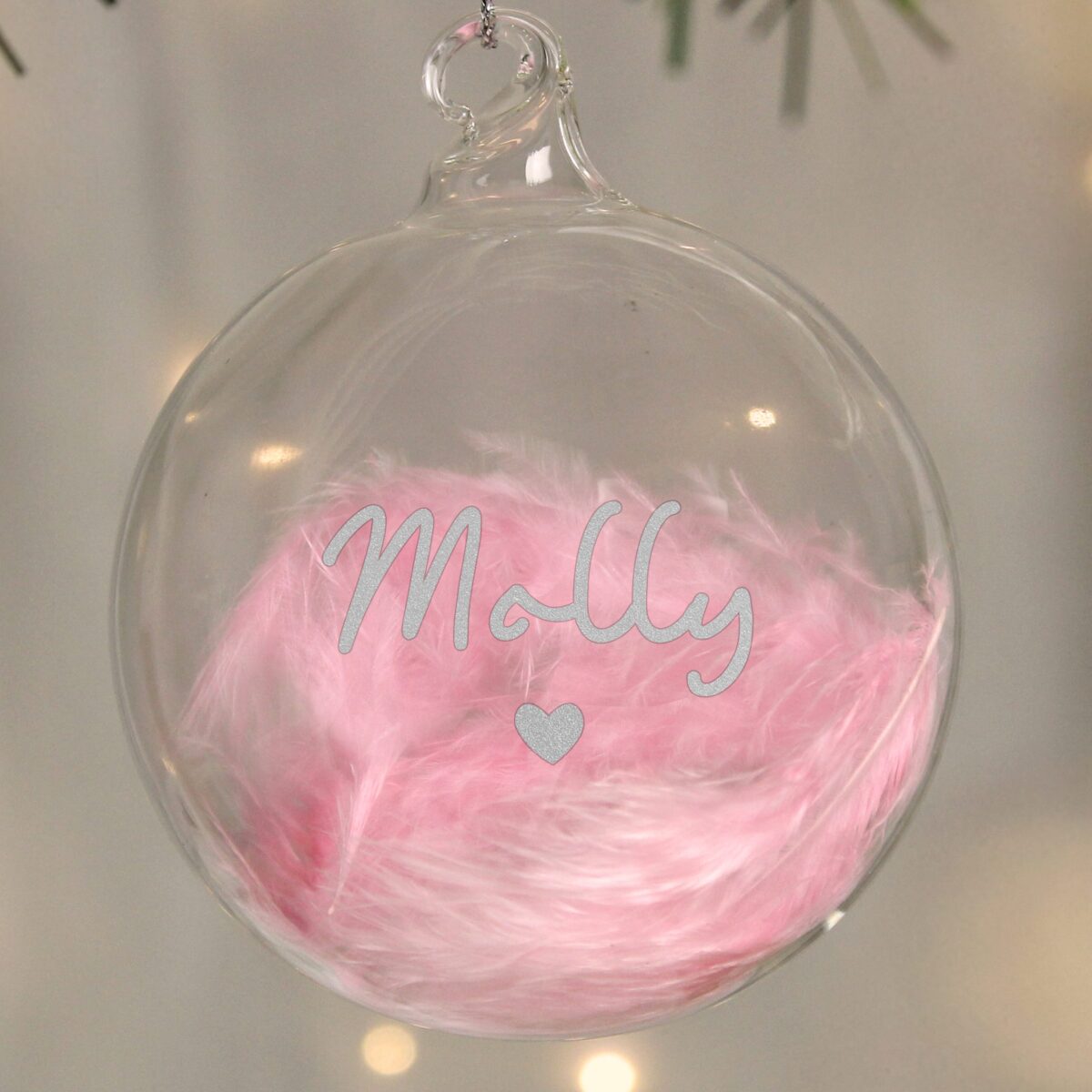 personalised pink feather silver name glass baubles