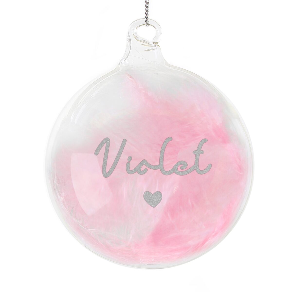 personalised pink feather silver name glass baubles