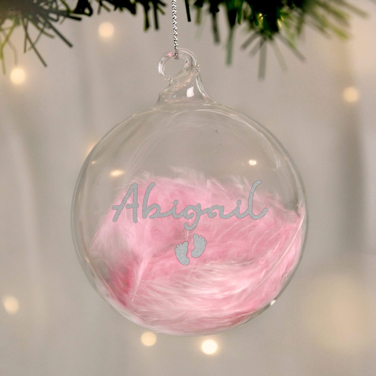 personalised pink feather silver name glass baubles