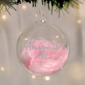 personalised pink feather silver name glass baubles