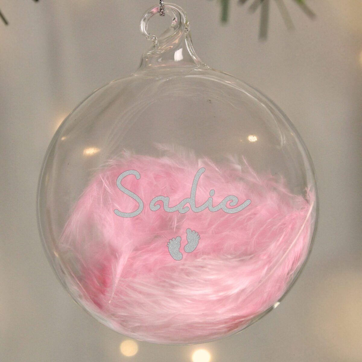 personalised pink feather silver name glass baubles