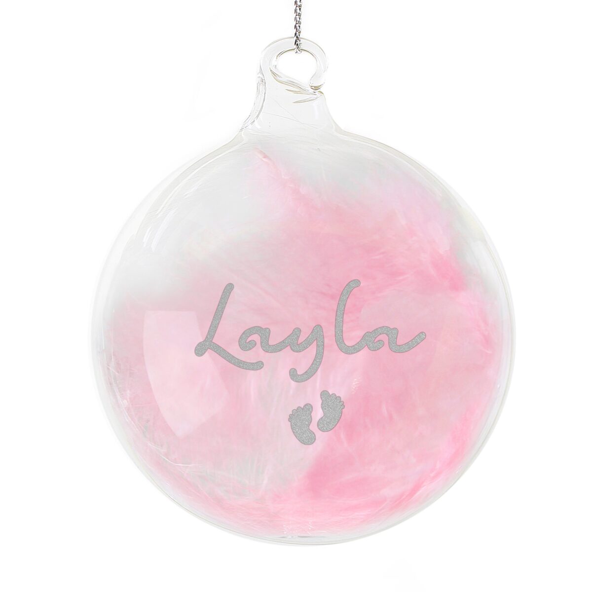 personalised pink feather silver name glass baubles
