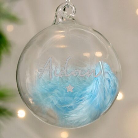 personalised blue feather silver name glass baubles