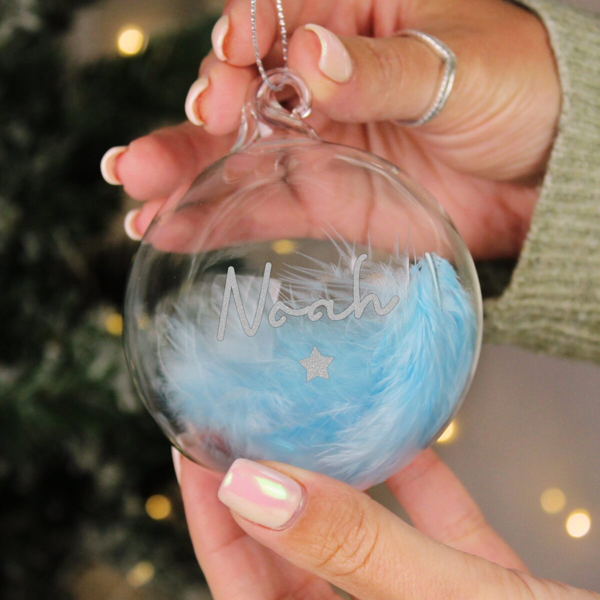 personalised blue feather silver name glass baubles