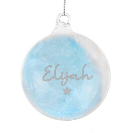 personalised blue feather silver name glass baubles