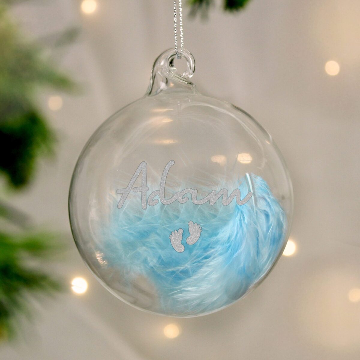 personalised blue feather silver name glass baubles