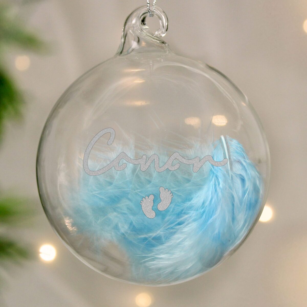 personalised blue feather silver name glass baubles