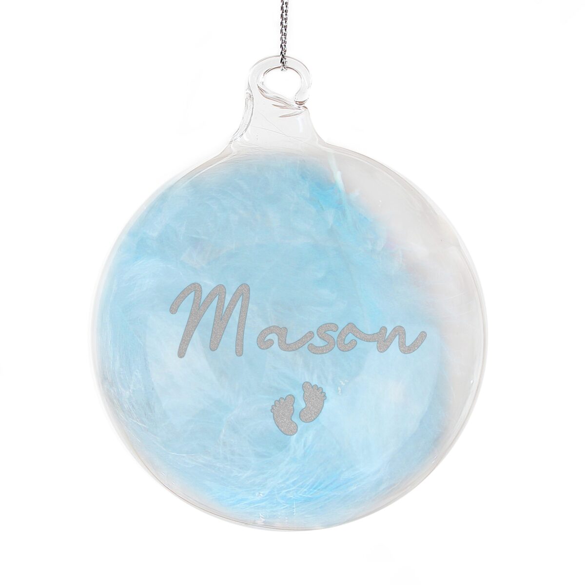 personalised blue feather silver name glass baubles