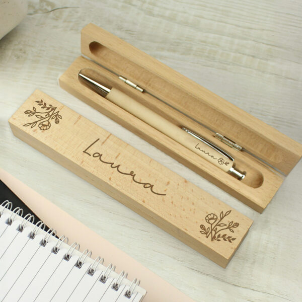 personalised floral wooden pen and pencil set