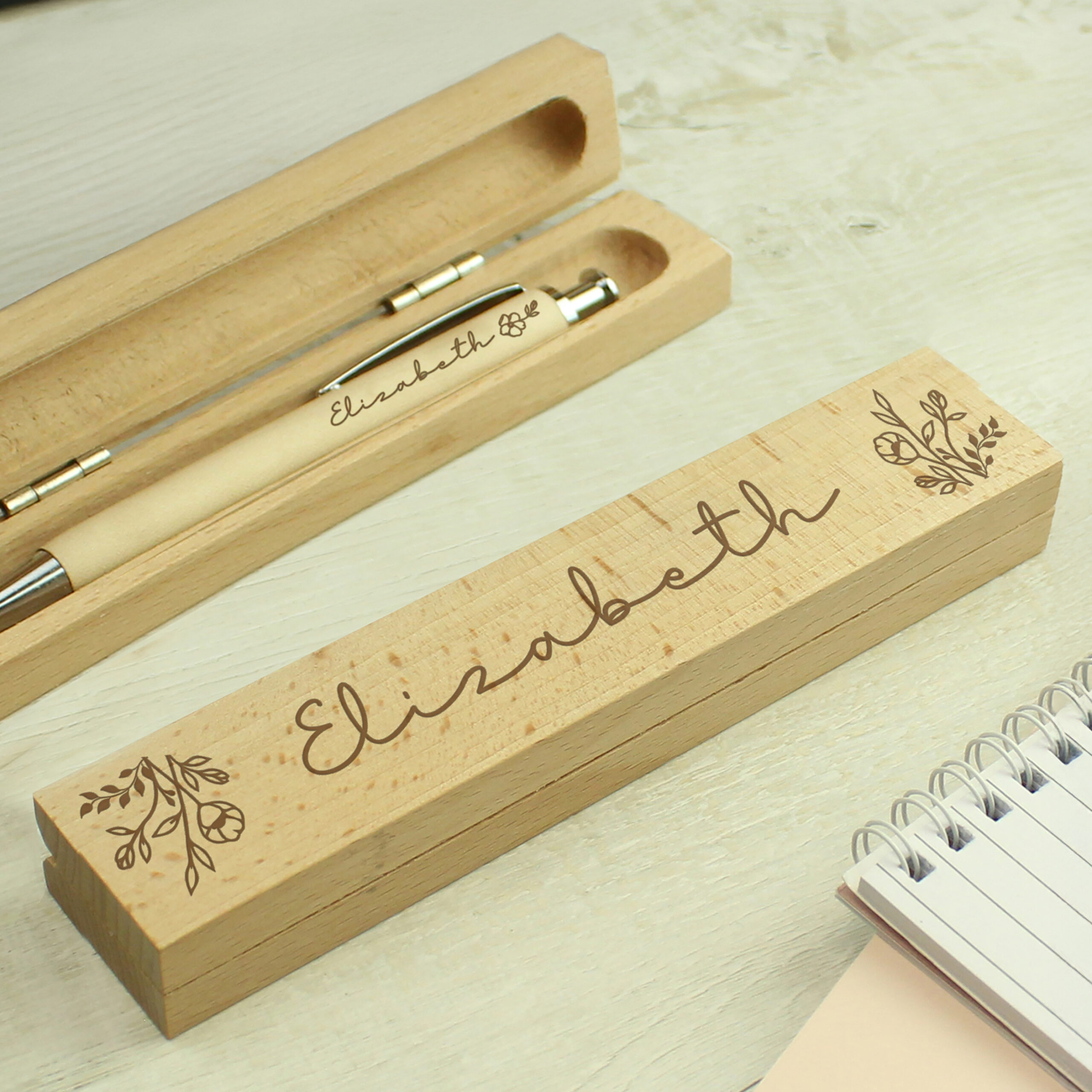 personalised floral wooden pen and pencil set