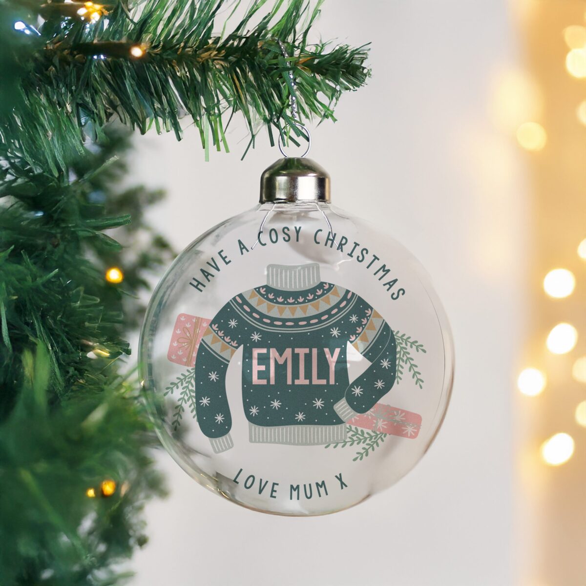 personalised cosy christmas glass bauble