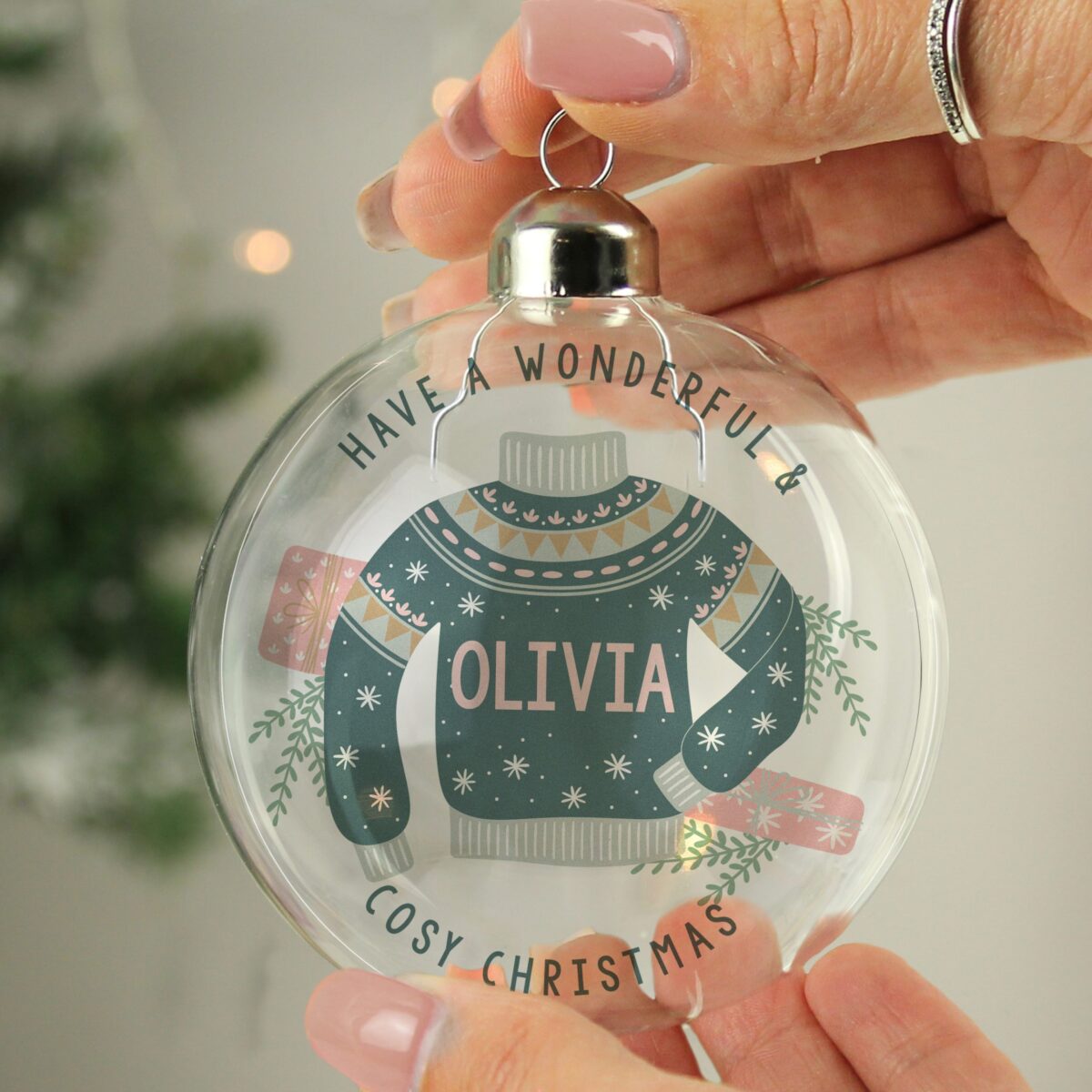 personalised cosy christmas glass bauble
