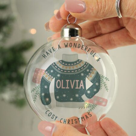 personalised cosy christmas glass bauble
