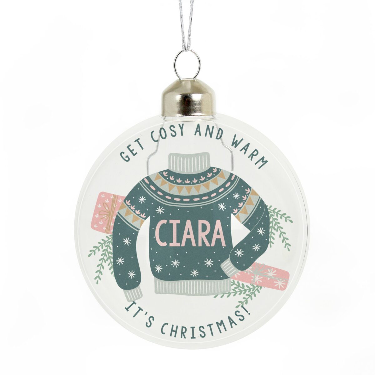 personalised cosy christmas glass bauble