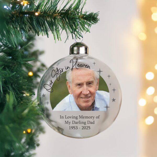 personalised photo upload memorial glass bauble