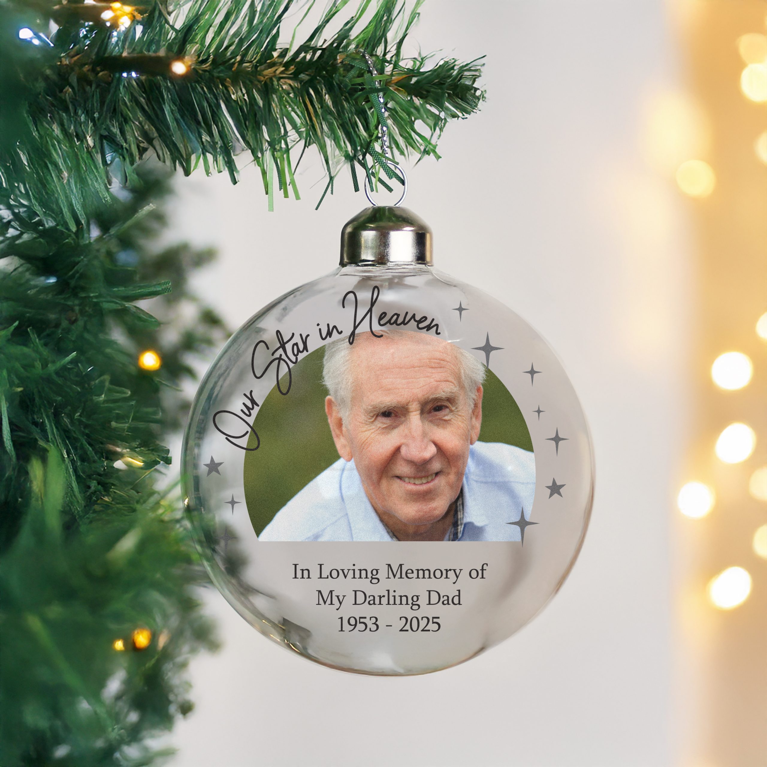 personalised photo upload memorial glass bauble