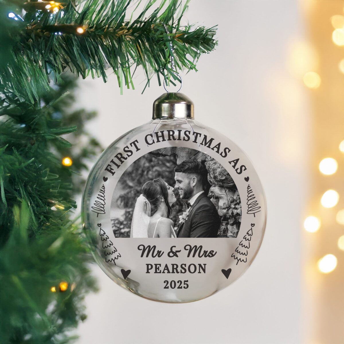 personalised first married christmas photo glass bauble