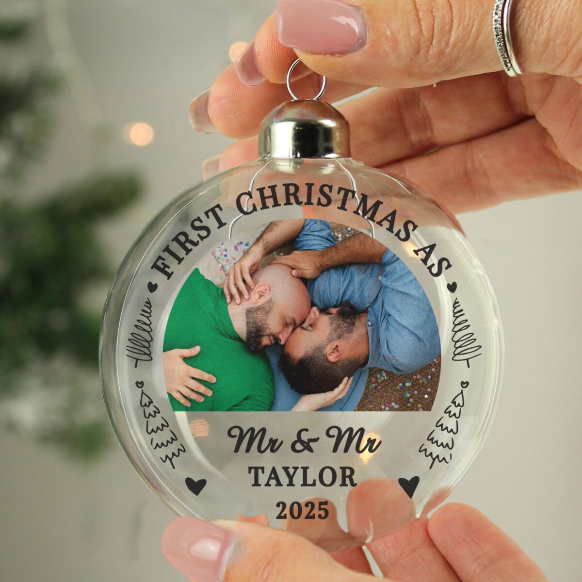 personalised first married christmas photo glass bauble