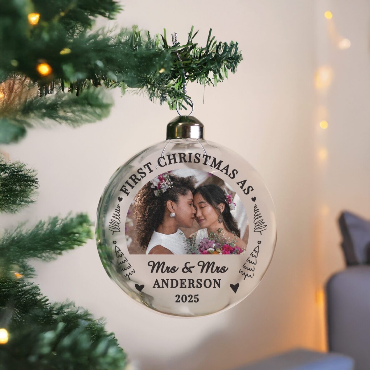 personalised first married christmas photo glass bauble