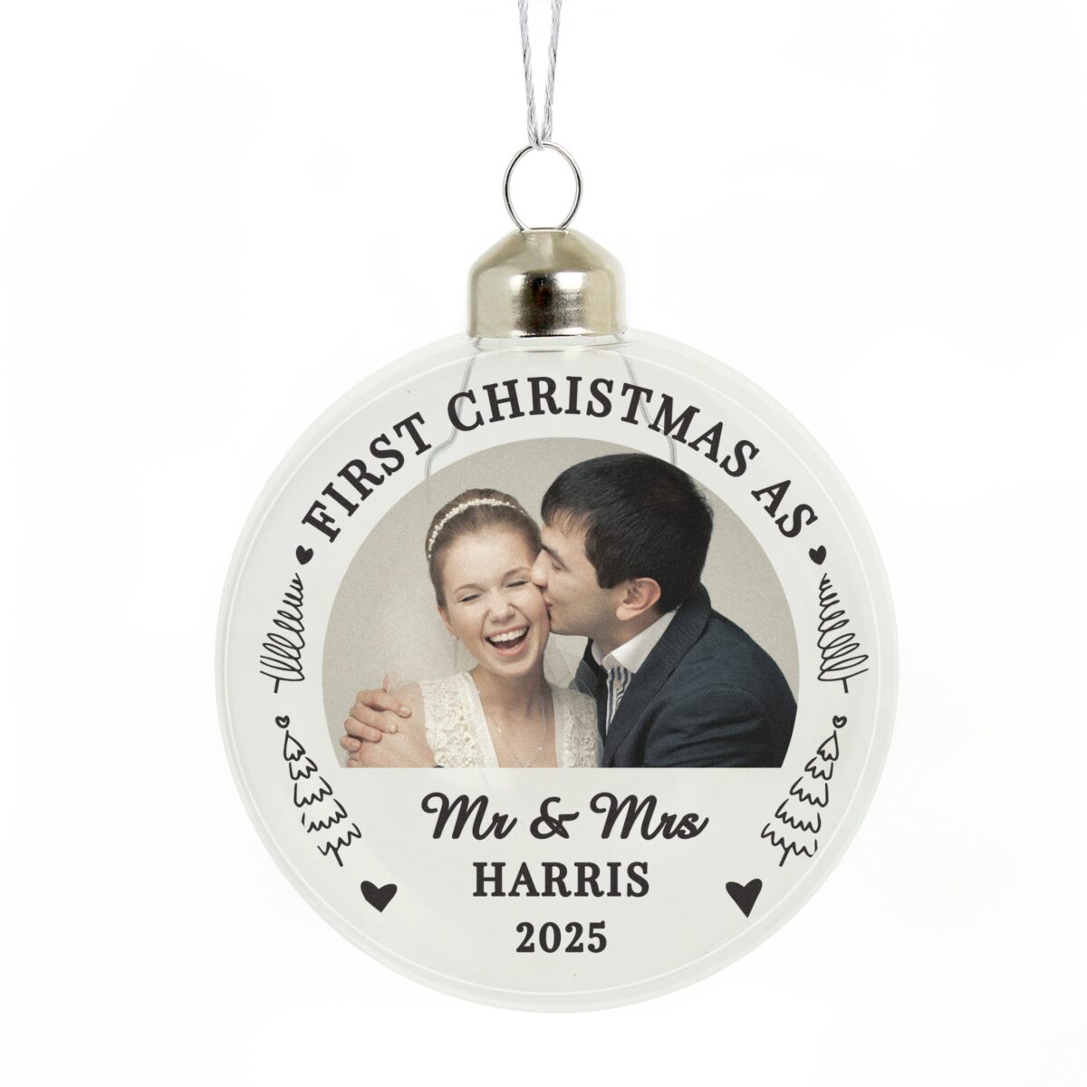personalised first married christmas photo glass bauble