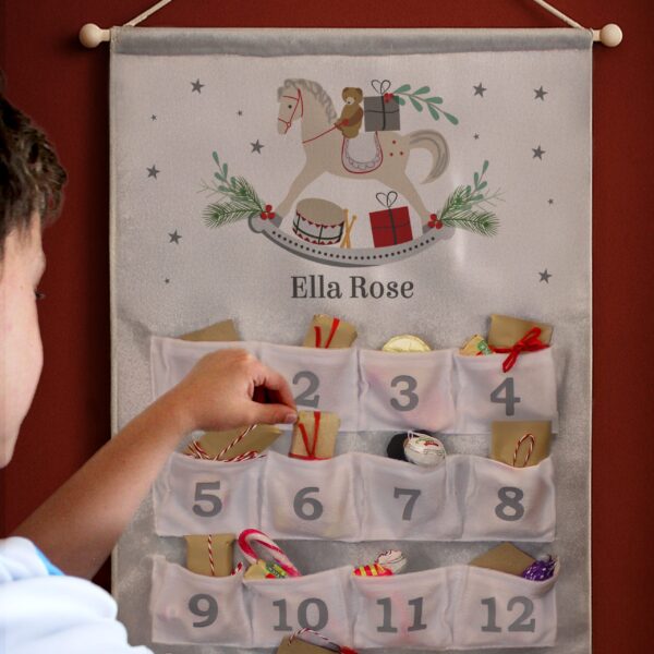 personalised rocking horse advent calendar in silver grey