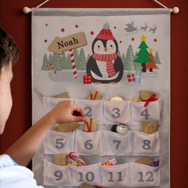personalised christmas penguin advent calendar in silver grey
